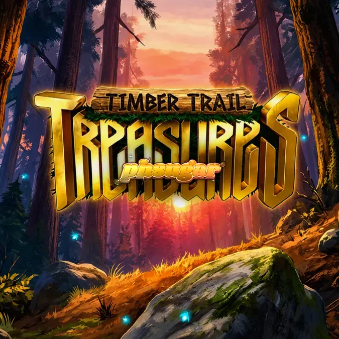 Isang visual na representasyon ng Timber Trail Treasures slot na nagpapakita ng kagubatan at mga mekanikal na reel.